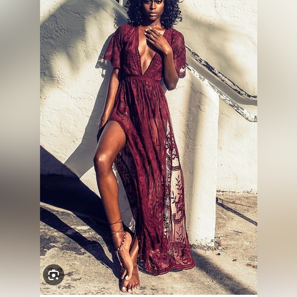 🌺🌺Maroon Lace Maxi Wide Leg Romper🌺🌺 - Picture 2 of 9